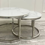 Cato Nest of 2 Short Round Silver Gold Tables with Polar White Sintered Stone Tops - Belmont Interiors