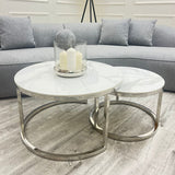 Cato Nest of 2 Short Round Silver Gold Tables with Polar White Sintered Stone Tops - Belmont Interiors