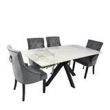 Phoenix 180cm White Ceramic Marble Dining Table With Grey Velvet Black Ring Chairs - Belmont Interiors