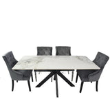 Phoenix 180cm White Ceramic Marble Dining Table With Grey Velvet Black Ring Chairs - Belmont Interiors