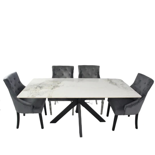 Phoenix 180cm White Ceramic Marble Dining Table With Grey Velvet Black Ring Chairs - Belmont Interiors