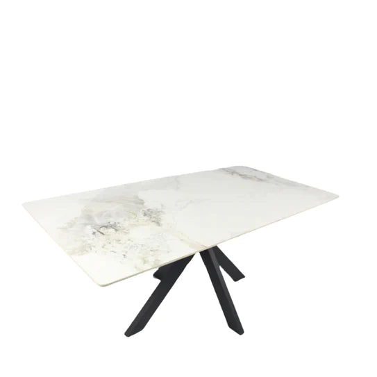 Phoenix 180cm White Ceramic Marble Dining Table With Grey Velvet Black Ring Chairs - Belmont Interiors