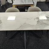 Phoenix 180cm White Ceramic Marble Dining Table With Grey Velvet Black Ring Chairs - Belmont Interiors