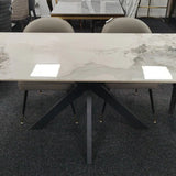 Phoenix 180cm White Ceramic Marble Dining Table With Grey Velvet Black Ring Chairs - Belmont Interiors