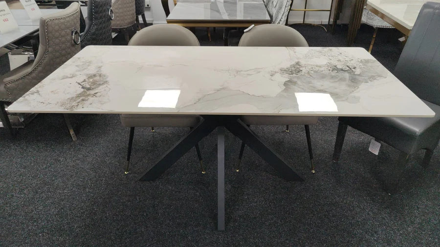 Phoenix 180cm White Ceramic Marble Dining Table With Grey Velvet Black Ring Chairs - Belmont Interiors