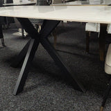 Phoenix 180cm White Ceramic Marble Dining Table With Grey Velvet Black Ring Chairs - Belmont Interiors