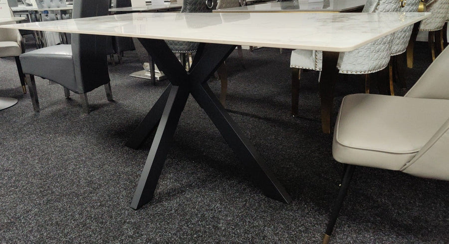 Phoenix 180cm White Ceramic Marble Dining Table With Grey Velvet Black Ring Chairs - Belmont Interiors