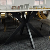 Phoenix 180cm White Ceramic Marble Dining Table With Grey Velvet Black Ring Chairs - Belmont Interiors