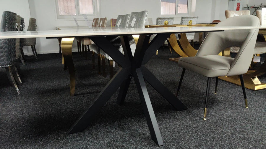 Phoenix 180cm White Ceramic Marble Dining Table With Grey Velvet Black Ring Chairs - Belmont Interiors