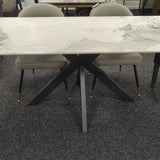 Phoenix 180cm White Ceramic Marble Dining Table With Grey Velvet Black Ring Chairs - Belmont Interiors