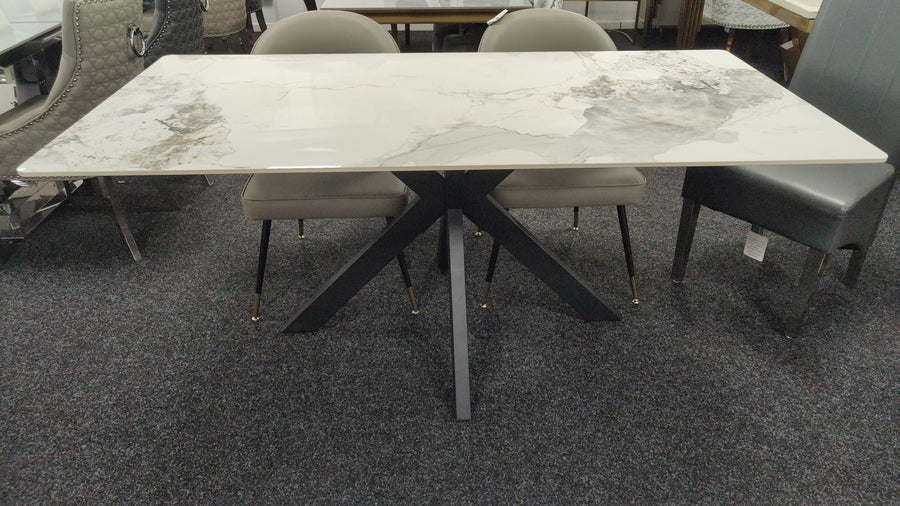 Phoenix 180cm White Ceramic Marble Dining Table With Grey Velvet Black Ring Chairs - Belmont Interiors