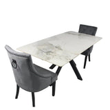 Phoenix 180cm White Ceramic Marble Dining Table With Grey Velvet Black Ring Chairs - Belmont Interiors