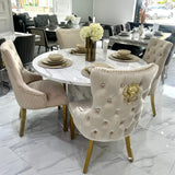 Capri 110cm White Marble Effect Dining Table + Victoria Shimmer Lion Dining Chair - Belmont Interiors