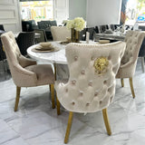 Capri 110cm White Marble Effect Dining Table + Victoria Shimmer Lion Dining Chair - Belmont Interiors