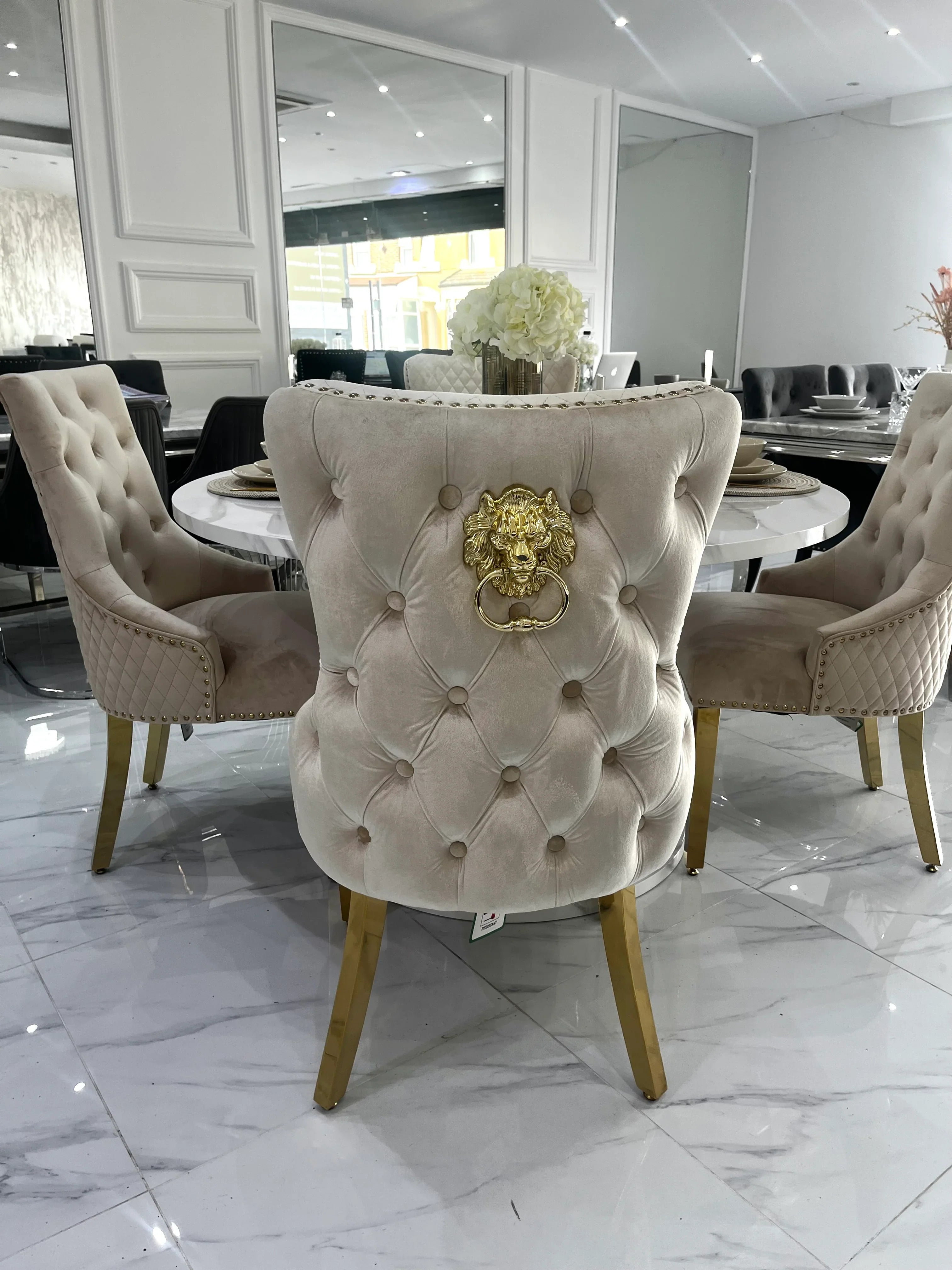 Capri 110cm White Marble Effect Dining Table + Victoria Shimmer Lion Dining Chair - Belmont Interiors