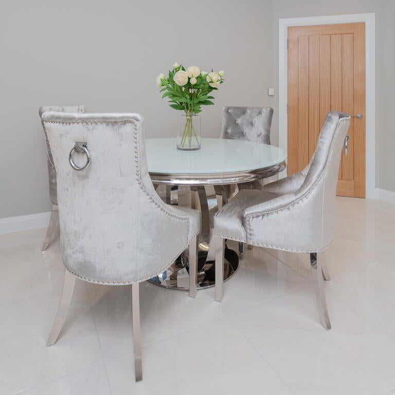 Chelsea Round 130cm Marble Round Dining Table + Belvedere Dining Chairs - Belmont Interiors