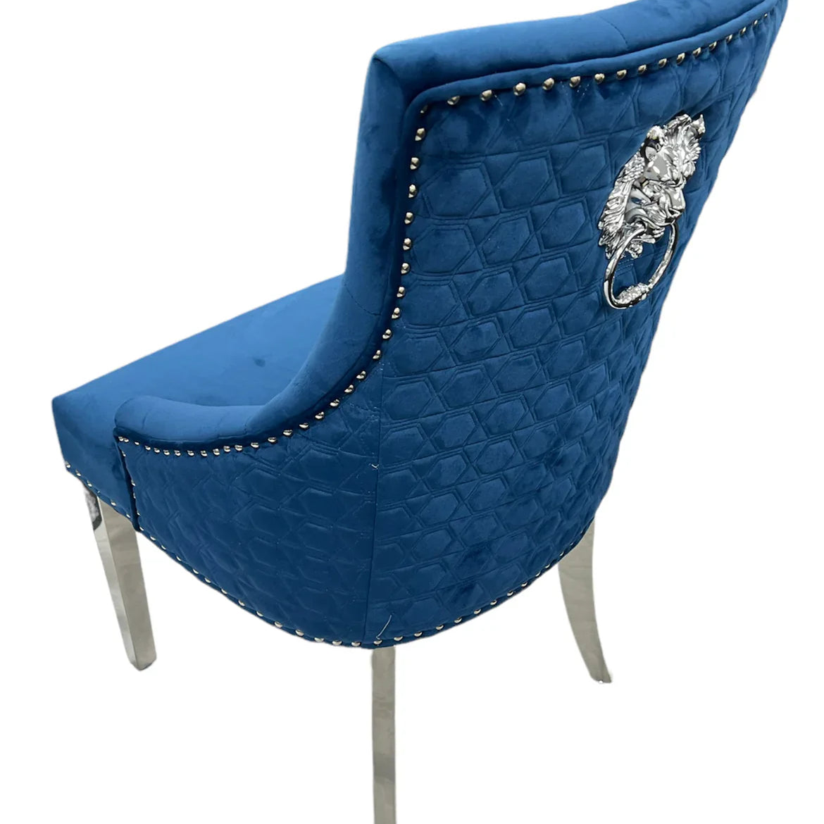 Blue Plush Velvet Fabric Lion Knocker Quilted Back Dining Chair - Belmont Interiors