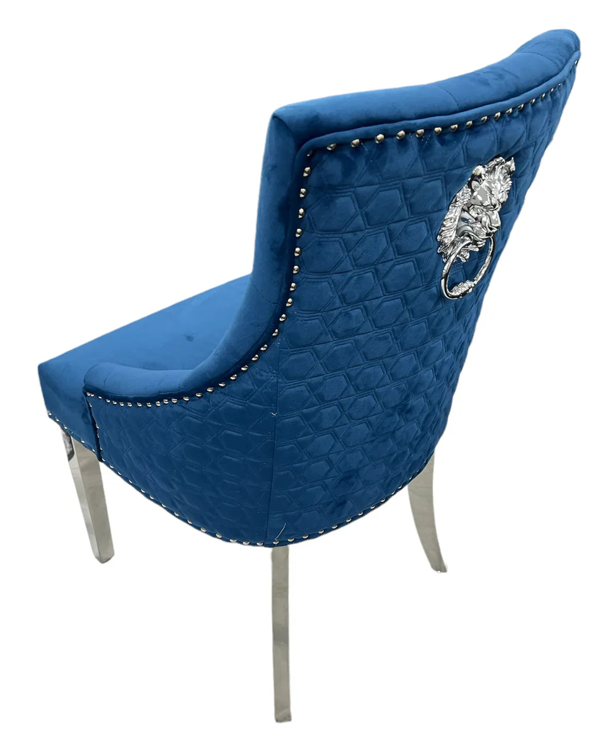 Blue Plush Velvet Fabric Lion Knocker Quilted Back Dining Chair - Belmont Interiors