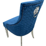 Blue Plush Velvet Fabric Lion Knocker Quilted Back Dining Chair - Belmont Interiors