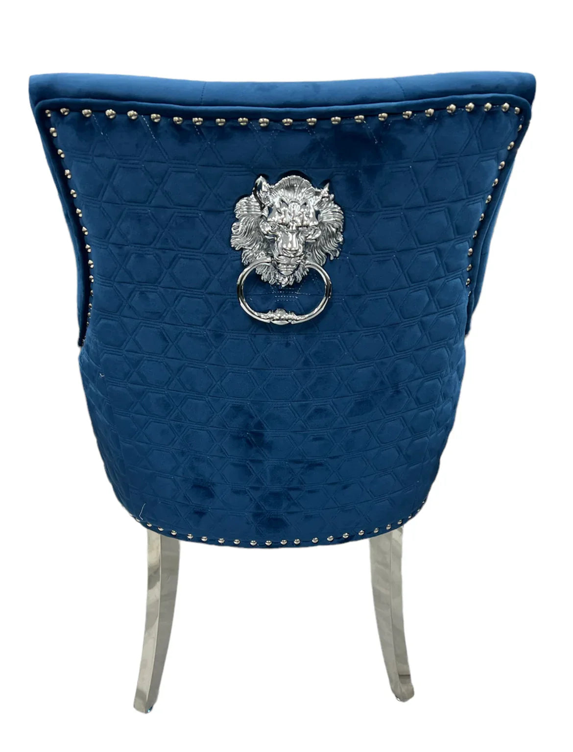 Blue Plush Velvet Fabric Lion Knocker Quilted Back Dining Chair - Belmont Interiors