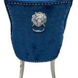 Blue Plush Velvet Fabric Lion Knocker Quilted Back Dining Chair - Belmont Interiors