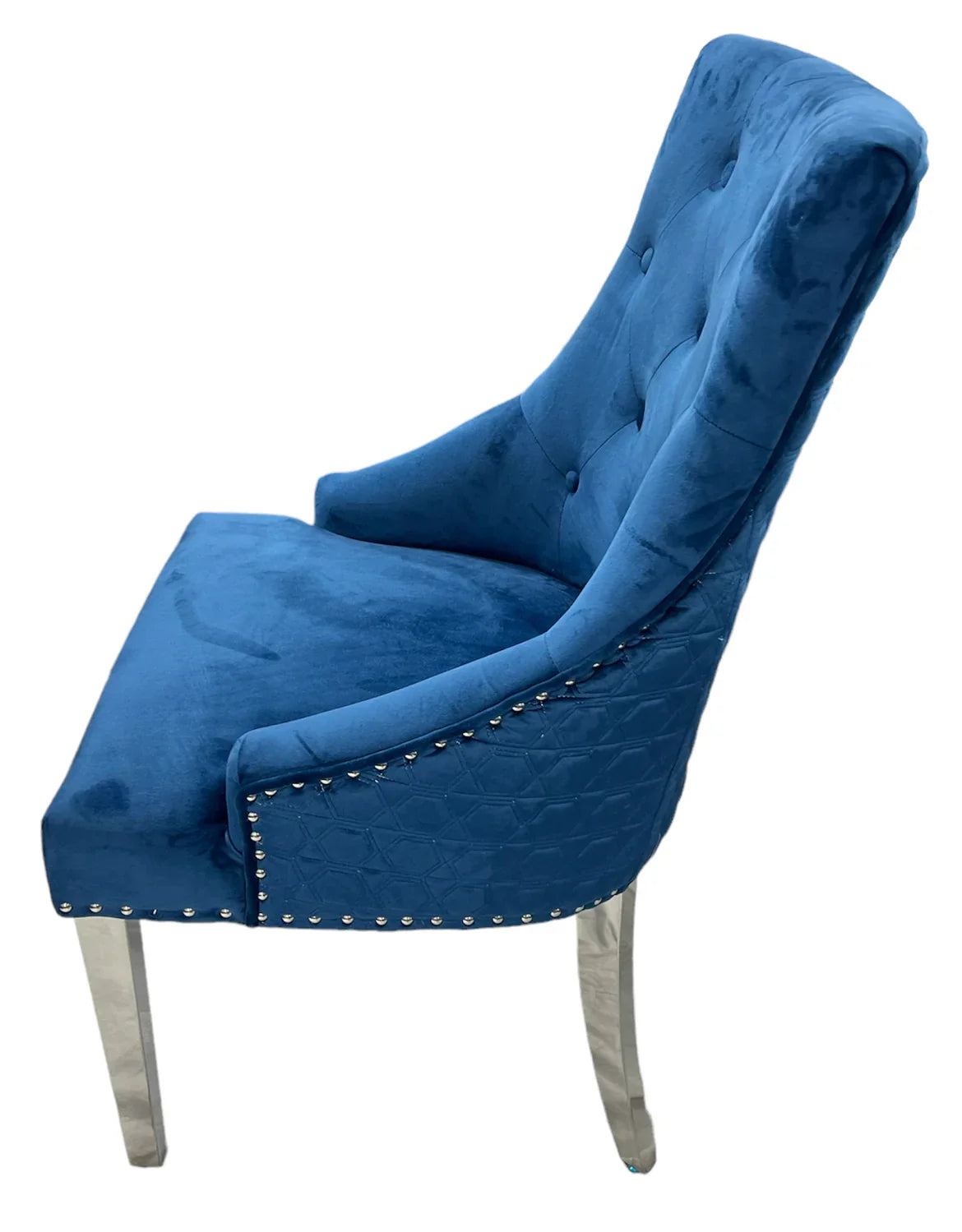 Blue Plush Velvet Fabric Lion Knocker Quilted Back Dining Chair - Belmont Interiors