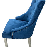 Blue Plush Velvet Fabric Lion Knocker Quilted Back Dining Chair - Belmont Interiors