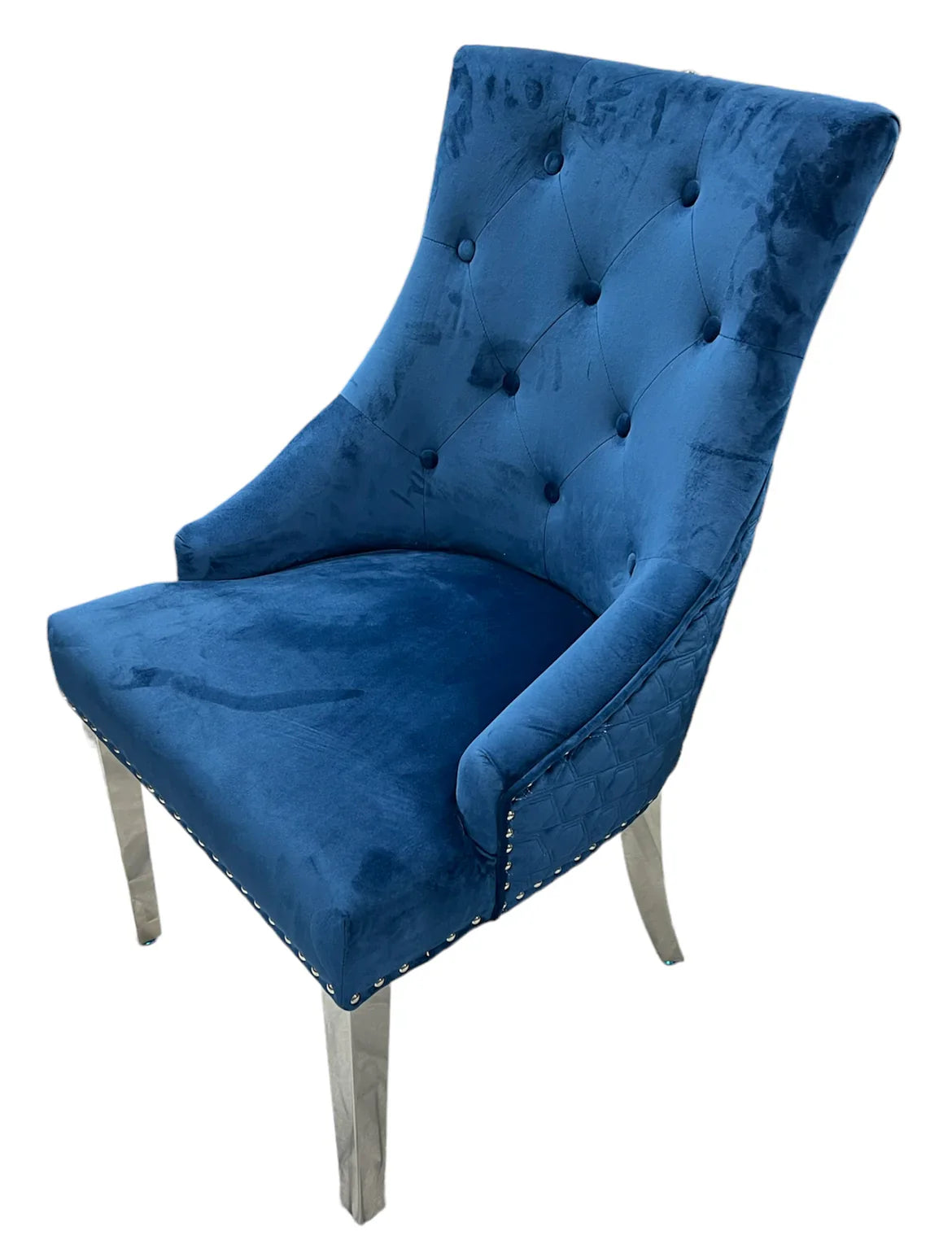 Blue Plush Velvet Fabric Lion Knocker Quilted Back Dining Chair - Belmont Interiors