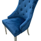 Blue Plush Velvet Fabric Lion Knocker Quilted Back Dining Chair - Belmont Interiors