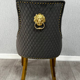 Majestic Grey Gold Lion Knocker Quilted Tufted Plush Velvet Dining Chair Gold Legs - Belmont Interiors