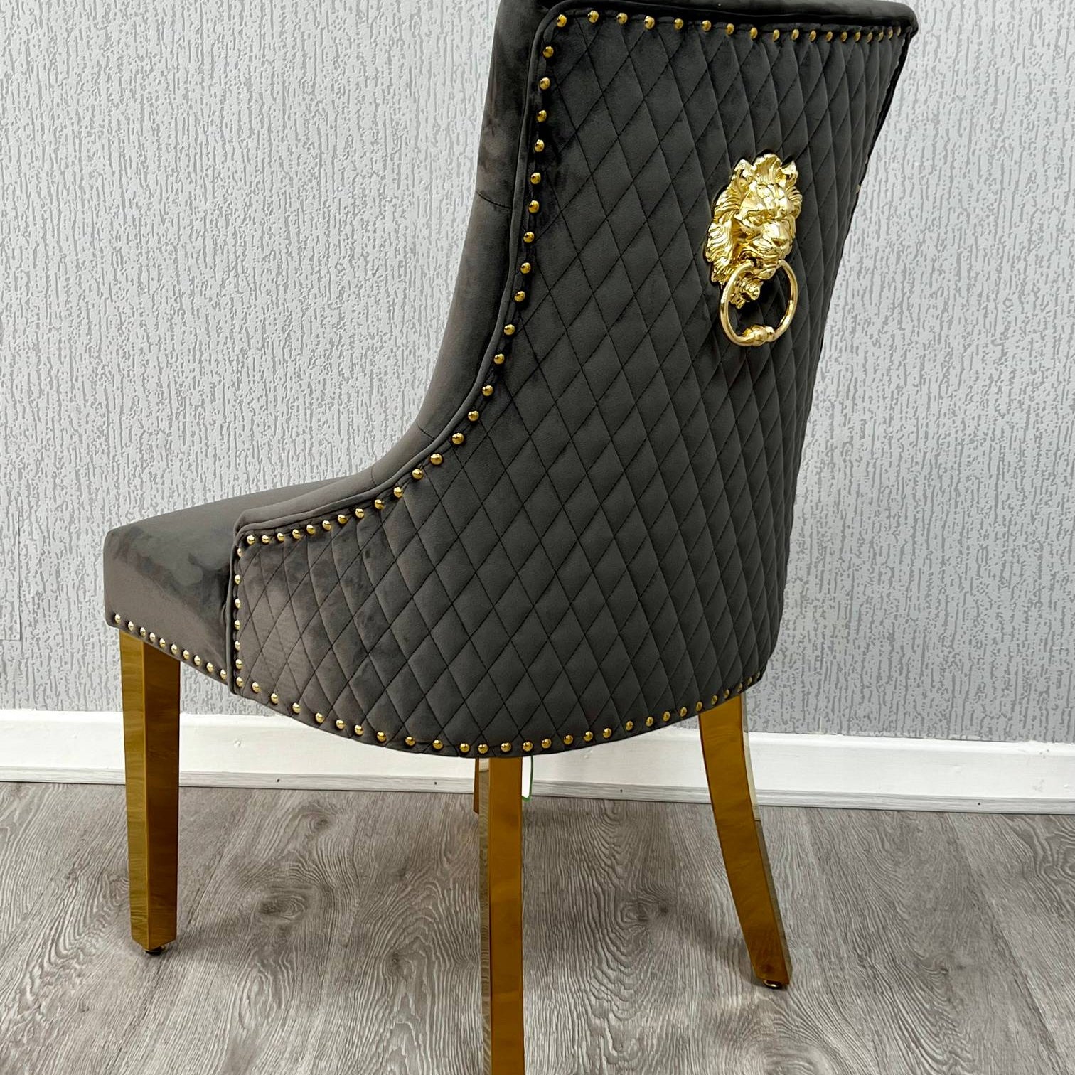 Majestic Grey Gold Lion Knocker Quilted Tufted Plush Velvet Dining Chair Gold Legs - Belmont Interiors