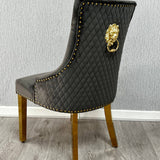 Majestic Grey Gold Lion Knocker Quilted Tufted Plush Velvet Dining Chair Gold Legs - Belmont Interiors