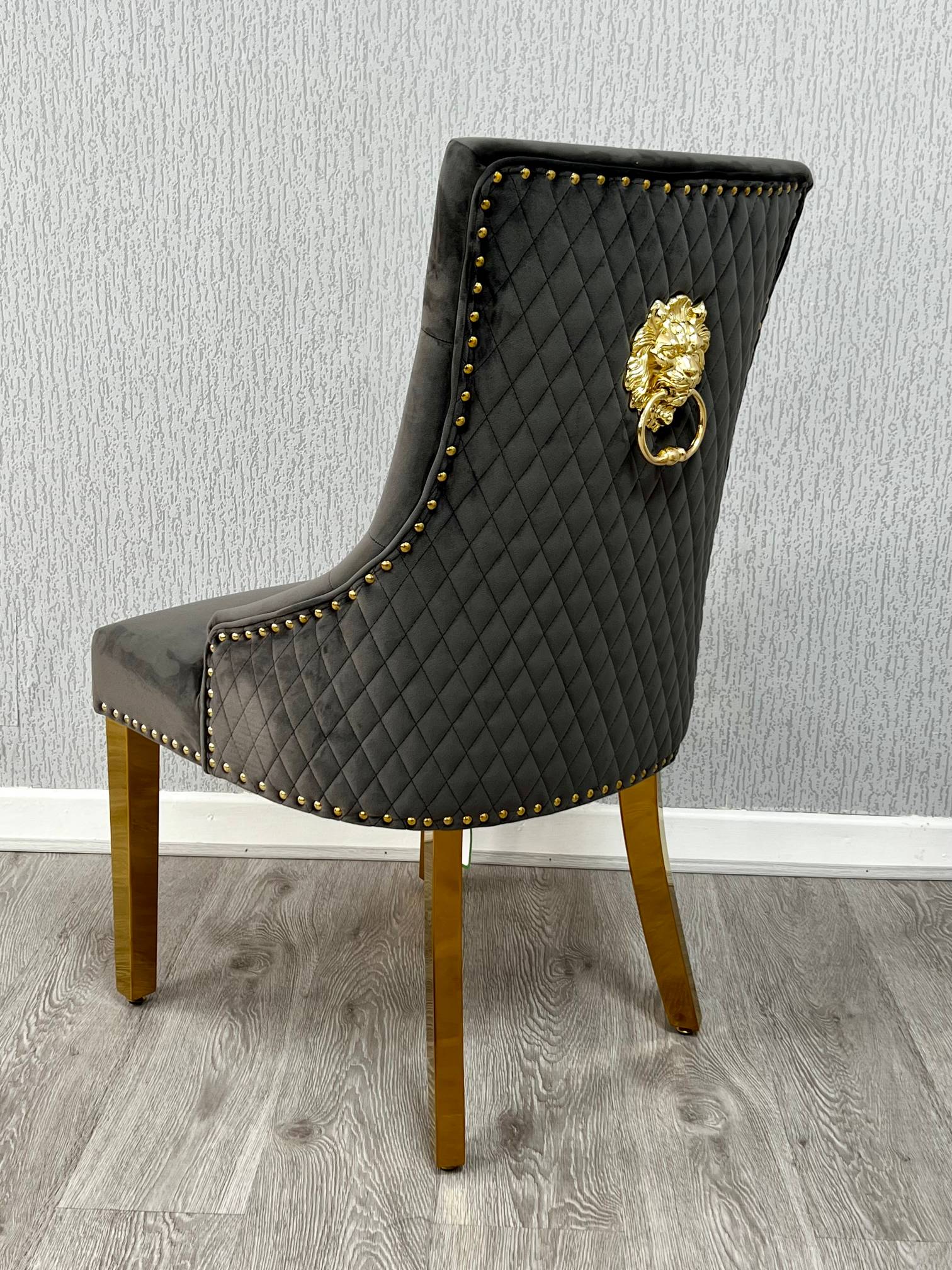 Majestic Grey Gold Lion Knocker Quilted Tufted Plush Velvet Dining Chair Gold Legs - Belmont Interiors