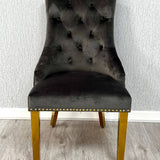 Majestic Grey Gold Lion Knocker Quilted Tufted Plush Velvet Dining Chair Gold Legs - Belmont Interiors