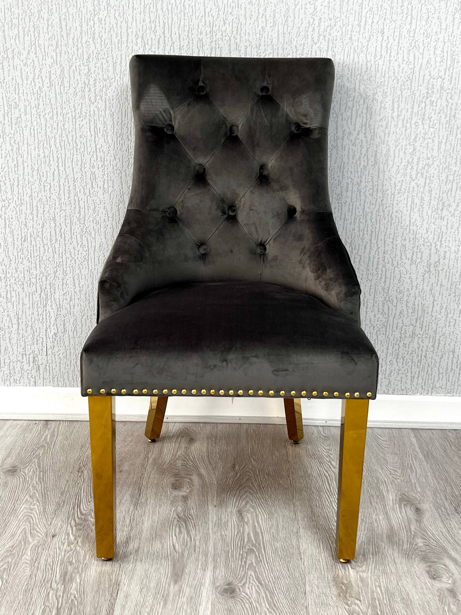 Majestic Grey Gold Lion Knocker Quilted Tufted Plush Velvet Dining Chair Gold Legs - Belmont Interiors