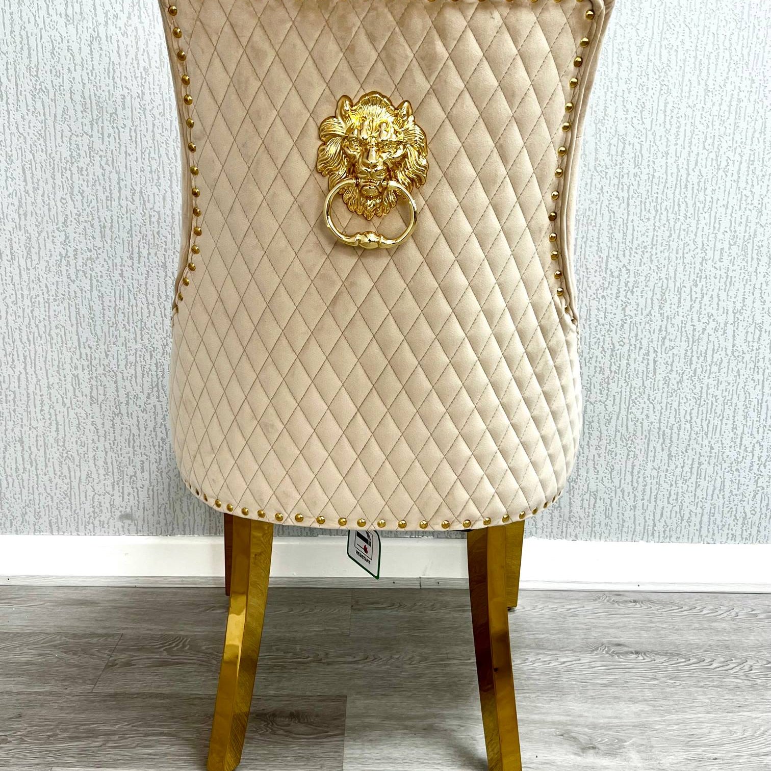 Majestic Mink Gold Lion Knocker Quilted Tufted Plush Velvet Dining Chair Gold Legs - Belmont Interiors