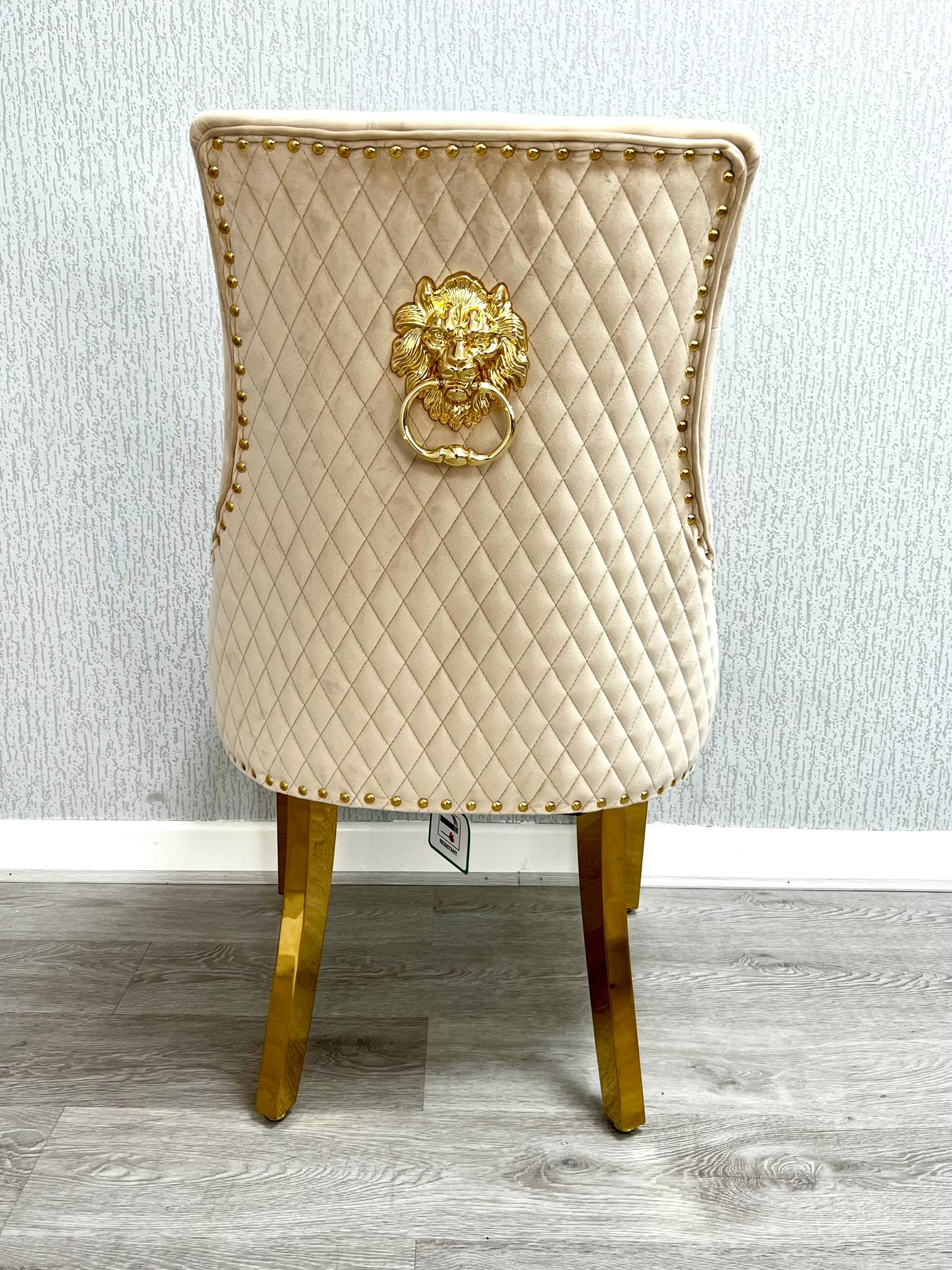 Majestic Mink Gold Lion Knocker Quilted Tufted Plush Velvet Dining Chair Gold Legs - Belmont Interiors