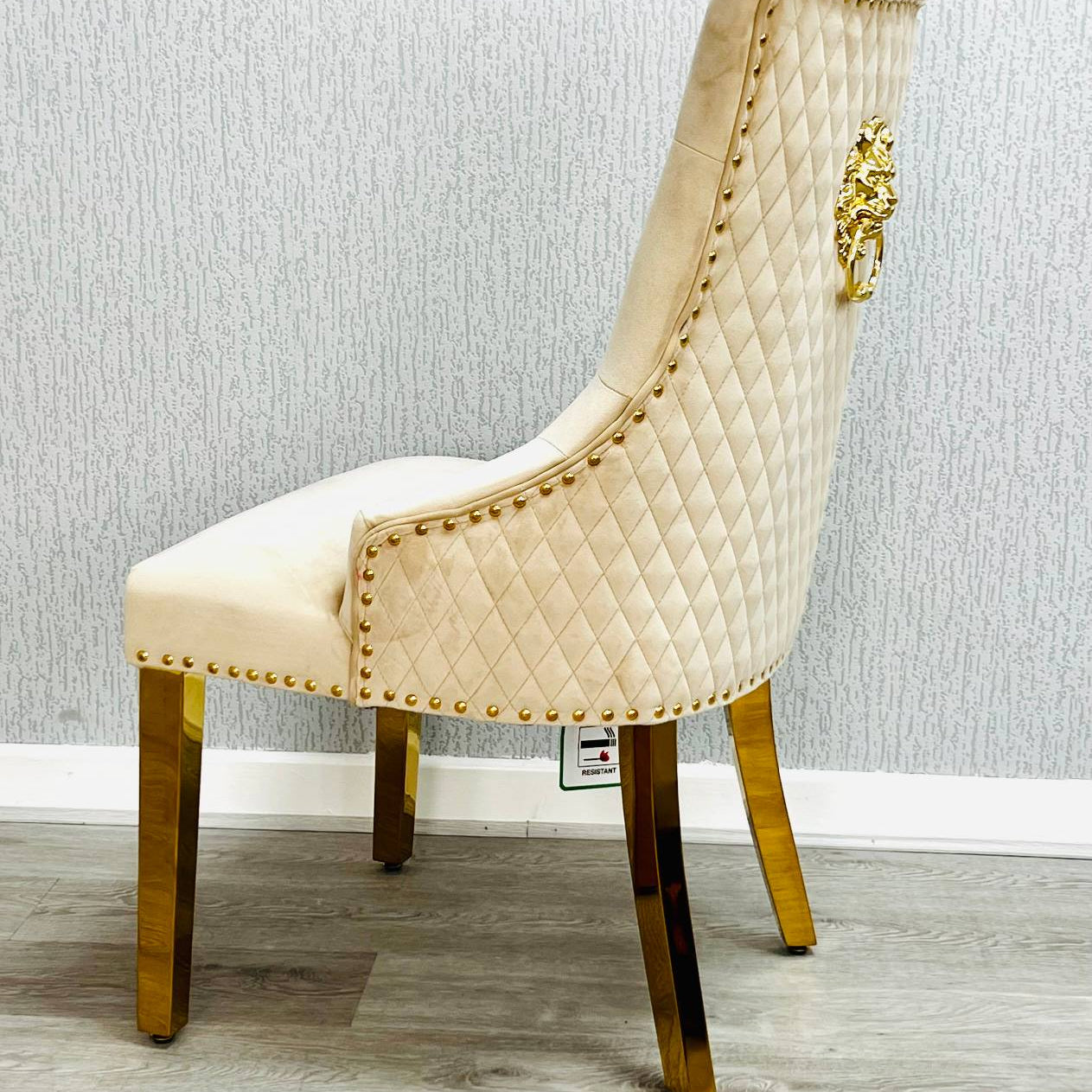 Majestic Mink Gold Lion Knocker Quilted Tufted Plush Velvet Dining Chair Gold Legs - Belmont Interiors