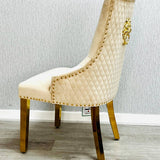 Majestic Mink Gold Lion Knocker Quilted Tufted Plush Velvet Dining Chair Gold Legs - Belmont Interiors