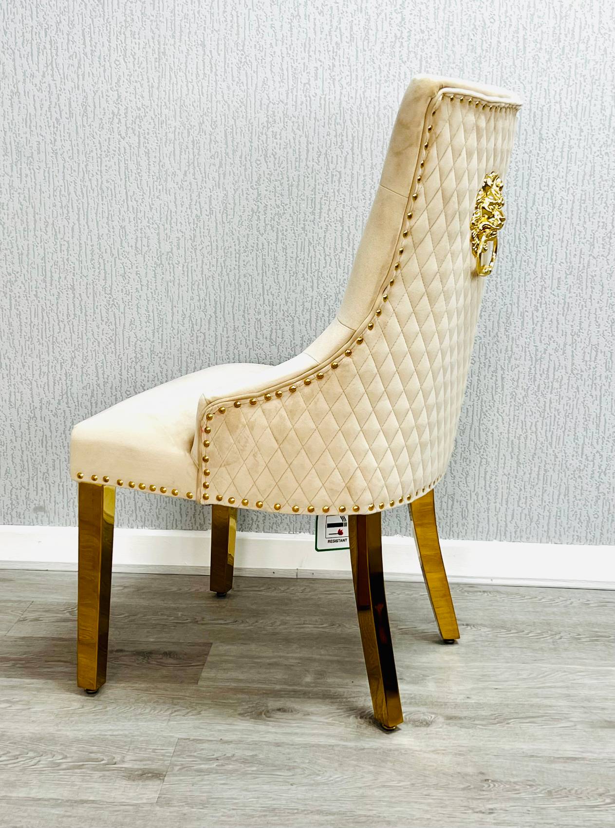 Majestic Mink Gold Lion Knocker Quilted Tufted Plush Velvet Dining Chair Gold Legs - Belmont Interiors