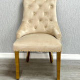 Majestic Mink Gold Lion Knocker Quilted Tufted Plush Velvet Dining Chair Gold Legs - Belmont Interiors