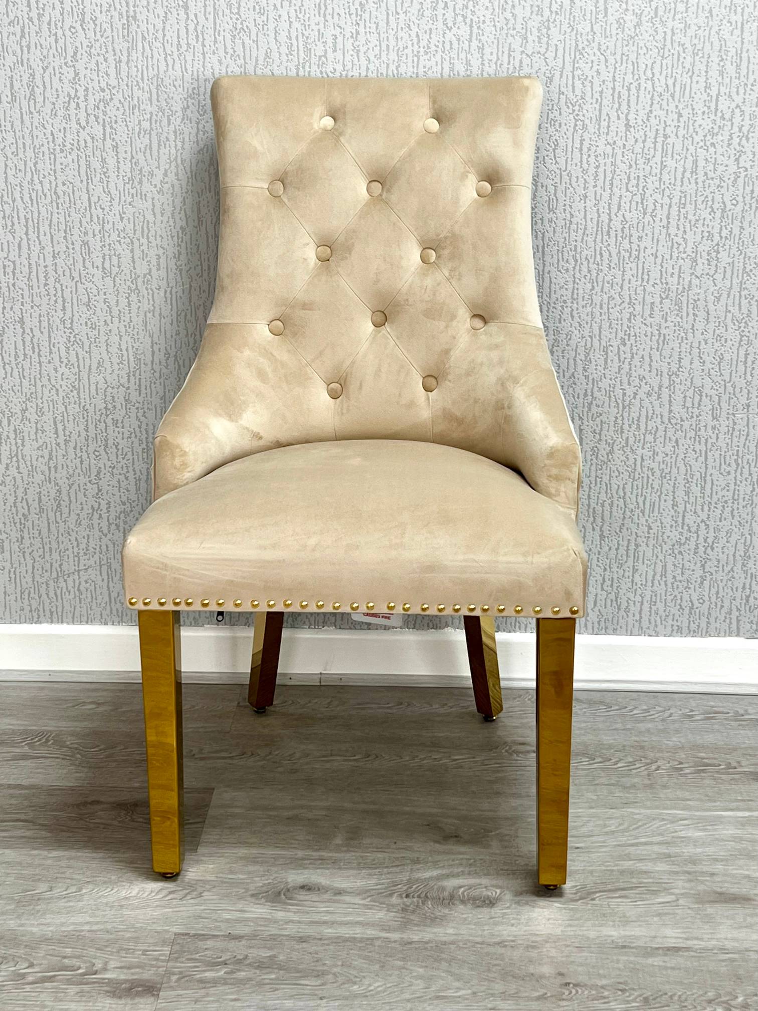 Majestic Mink Gold Lion Knocker Quilted Tufted Plush Velvet Dining Chair Gold Legs - Belmont Interiors