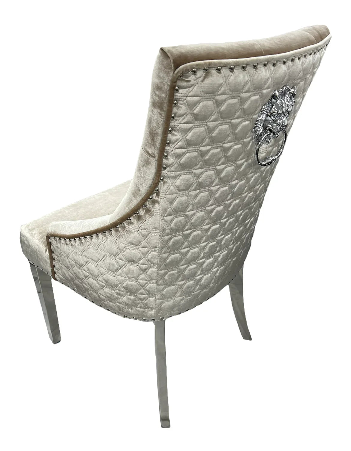 Belle Champagne Mink Velvet Fabric Lion Knocker Quilted Back Dining Chair - Belmont Interiors