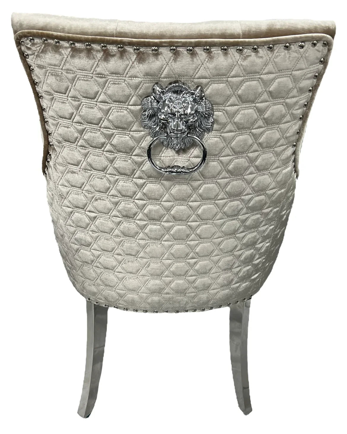 Belle Champagne Mink Velvet Fabric Lion Knocker Quilted Back Dining Chair - Belmont Interiors