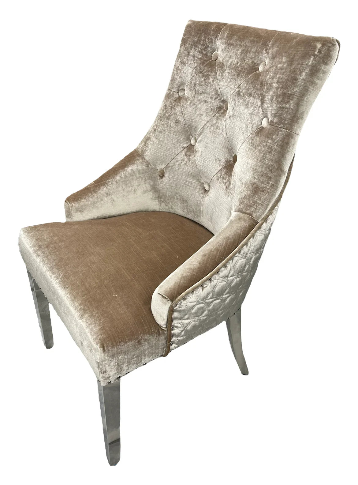 Belle Champagne Mink Velvet Fabric Lion Knocker Quilted Back Dining Chair - Belmont Interiors