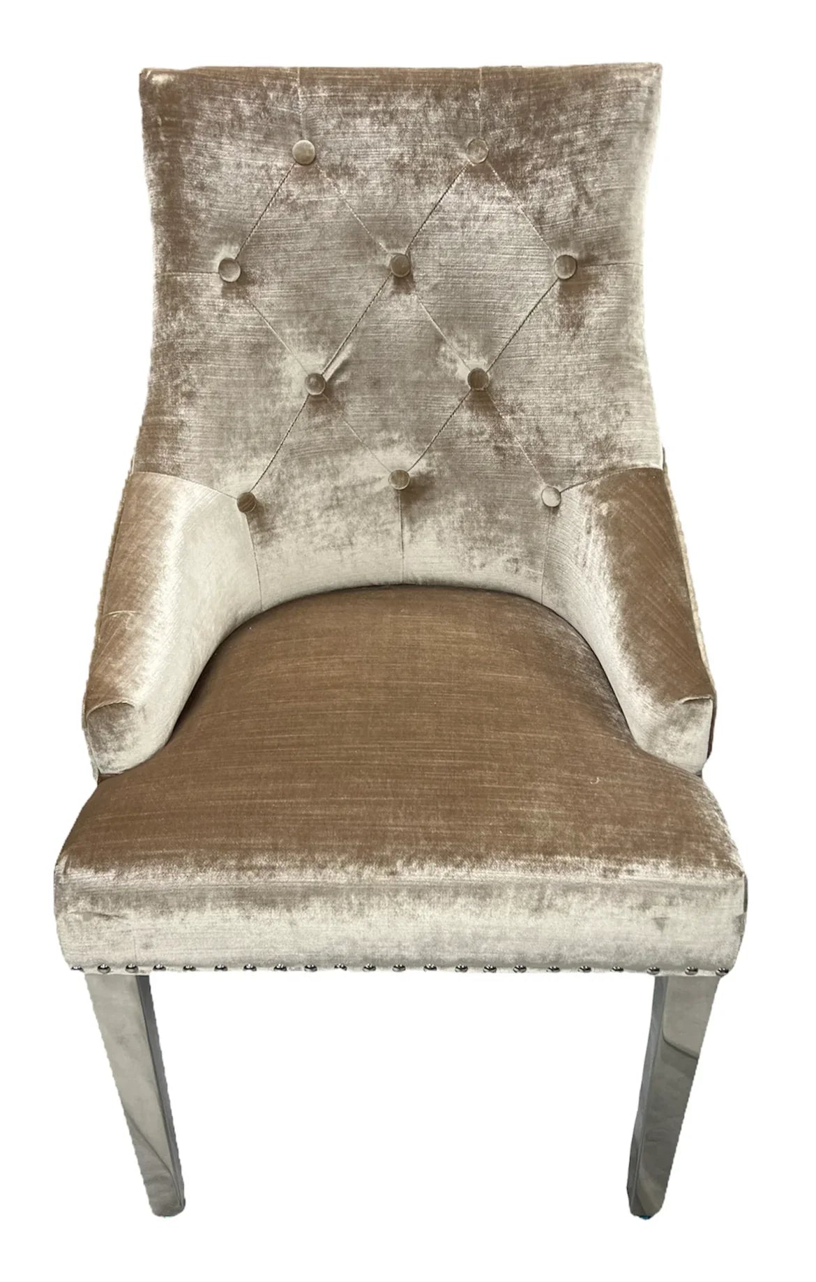 Belle Champagne Mink Velvet Fabric Lion Knocker Quilted Back Dining Chair - Belmont Interiors