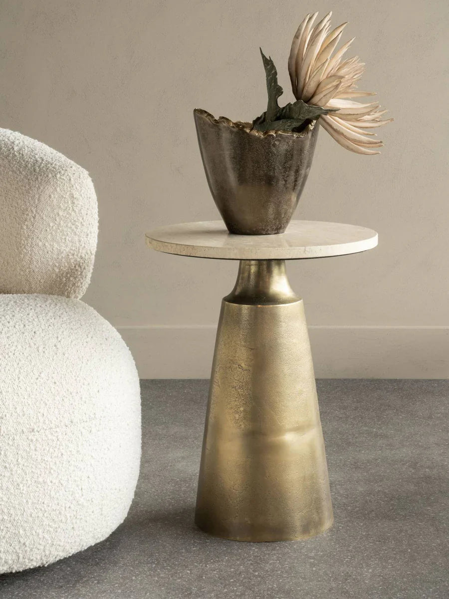 Libra Interiors Clifton II Side Table in Antique Brass and Travertine [Pre-order (27/12)] - Belmont Interiors