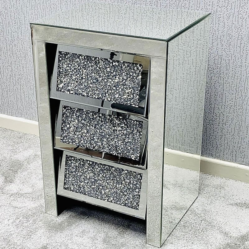 Diamond Crush Mirrored Angled 3 Drawer Bedside Cabinet - Belmont Interiors