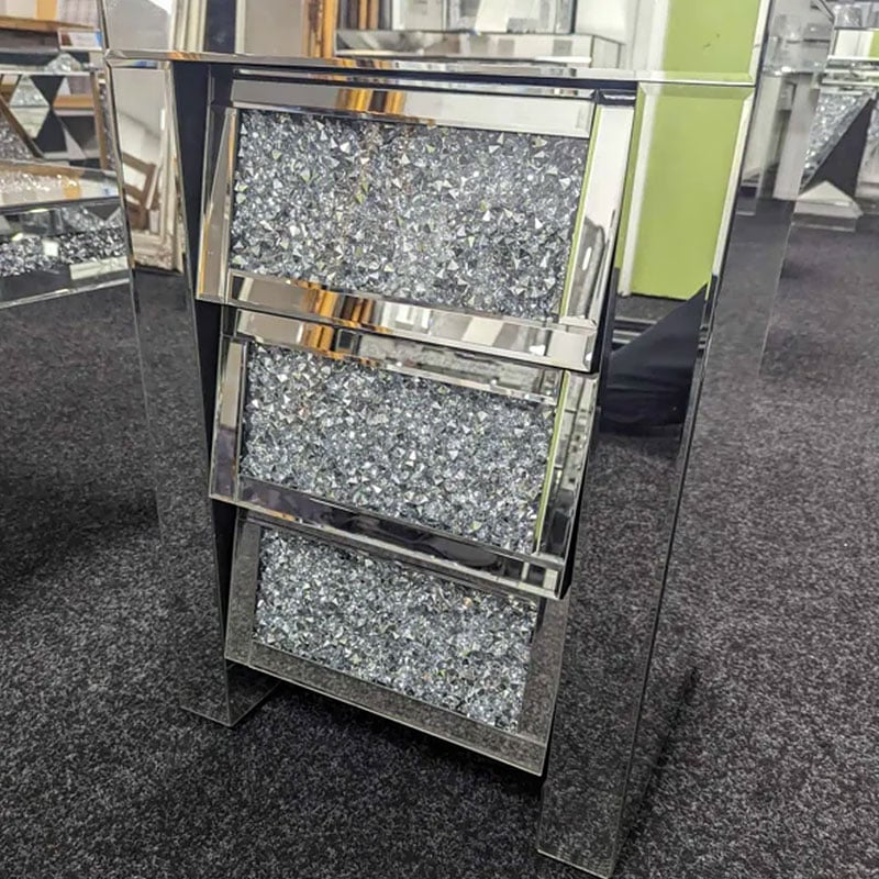 Diamond Crush Mirrored Angled 3 Drawer Bedside Cabinet - Belmont Interiors