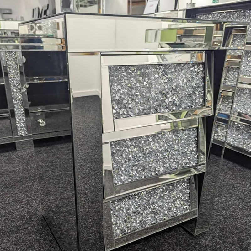 Diamond Crush Mirrored Angled 3 Drawer Bedside Cabinet - Belmont Interiors